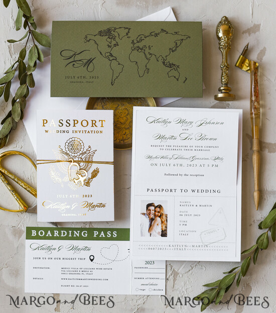 HOCHZEITS EINLADUNGEN Pass zur Liebe / Strandhochzeits-Einladungen Weißgold Passagierhochzeitseinladung, goldene Flugzeughochzeitskarten Boarding Pass, olivgrüne Reisepasshochzeitseinladungen im Ausland, Einladung zur Hochzeit am Zielort 09/passgold/z