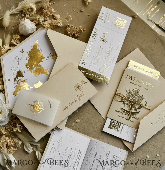 HOCHZEITS EINLADUNGEN Pass zur Liebe / Strandhochzeits-Einladungen Goldbeige Pass Hochzeitseinladung, goldene Hochzeitskarten Boarding-Pass, maßgeschneiderte Reise-Pass Hochzeitseinladungen im Ausland, Hochzeitskarten für das Reiseziel Griechenland, Reise-Karten Hochzeitspapeterie, Weltkarte 03/passFG/z