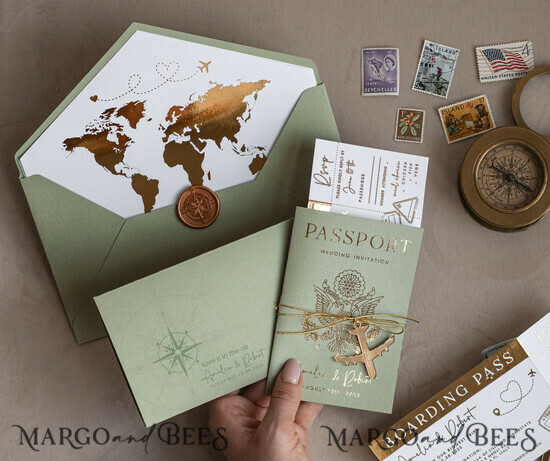 HOCHZEITS EINLADUNGEN Pass zur Liebe / Strandhochzeits-Einladungen Goldene Salbeigrüne Pass Hochzeitseinladung, Goldene Hochzeitskarten Boarding Pass, Grünes Reise-Pass Hochzeitseinladungen im Ausland, Hochzeitskarten für das Reiseziel Griechenland, Hochzeitseinladungen mit Reisekarten für die Toskana, Hochzeitsstationery Italien Weltkarte 02/passFG/z