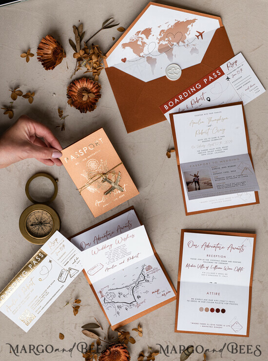 HOCHZEITS EINLADUNGEN Pass zur Liebe / Strandhochzeits-Einladungen Gold Terrakotta Reisepass Hochzeits Einladung, Gebranntes Orange Gold Hochzeitskarten Boarding Pass, Reise Reisepass Hochzeits Einladungen im Ausland, Destination Hochzeit Einladungen, Reisekarte Hochzeitsstationär 03/passH/z