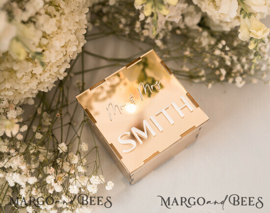 RINGTRÄGERBOXEN & KISSEN Klarer Gold-Acrylringbox Ringbox für die Hochzeitszeremonie 3 Ringe, Spiegel-Acryl Goldene Hochzeitsringbox für die Zeremonie, Boho Glam Hochzeitsringboxen, Luxuriöse Acryl Goldringbox doppelte individuelle Farben. 01/ACMirr/PboxG