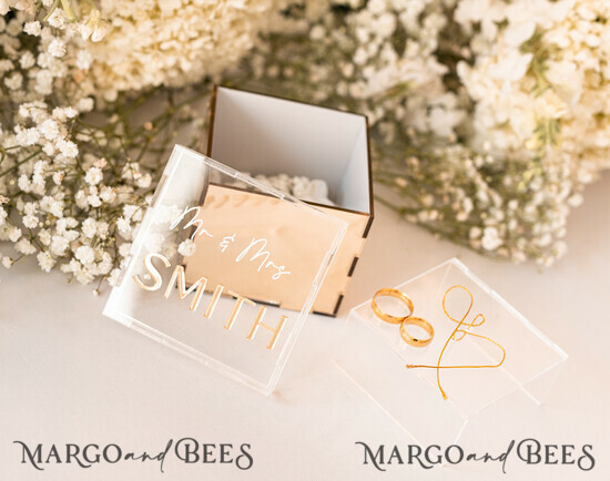 RINGTRÄGERBOXEN & KISSEN Klarer Gold-Acrylringbox Ringbox für die Hochzeitszeremonie 3 Ringe, Spiegel-Acryl Goldene Hochzeitsringbox für die Zeremonie, Boho Glam Hochzeitsringboxen, Luxus Acryl Goldringbox doppelt, benutzerdefinierte Farben. 01/ACMirr/PboxC