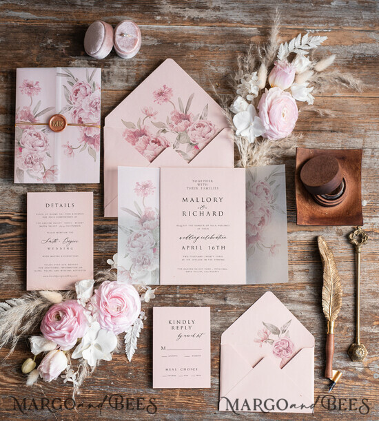 HOCHZEITS EINLADUNGEN Elegante Einladungen Klassische Karten Elegante Rosenhochzeitseinladungen Wachs-Roségold, elegante Blush-Pink-Hochzeitseinladungen, luxuriöse Hochzeitskarten, handgefertigte Hochzeitseinladungssuite. 01/rosekalLak/z