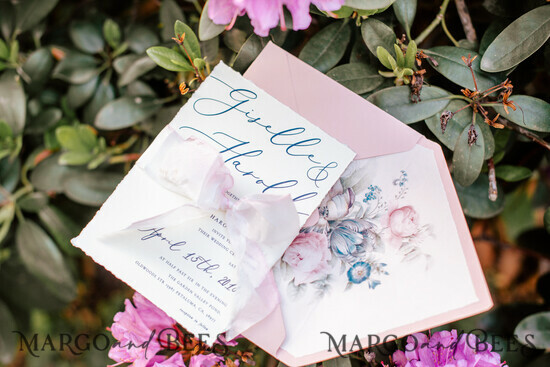 HOCHZEITS EINLADUNGEN Elegante Einladungen Klassische Karten Vintage Blumen Hochzeitskarten, elegante blushfarbene Hochzeitskarten, maßgeschneiderte Aquarell Hochzeitskarten mit handgefärbtem Band, handgemachte Hochzeitsstationery. 02/botrRC/z