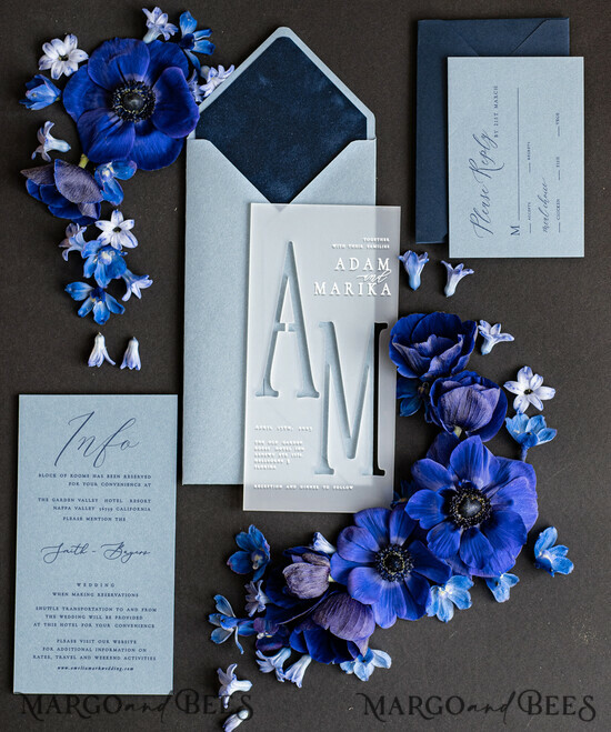 HOCHZEITS EINLADUNGEN Elegante Einladungen Klassische Karten Acryl-Hochzeitseinladungen, Marineblau Samt Hochzeitseinladungen online, staubblau Marine Hochzeitseinladungen, Romantisches Hochzeitseinladungs-Set. 02/velakryl/z