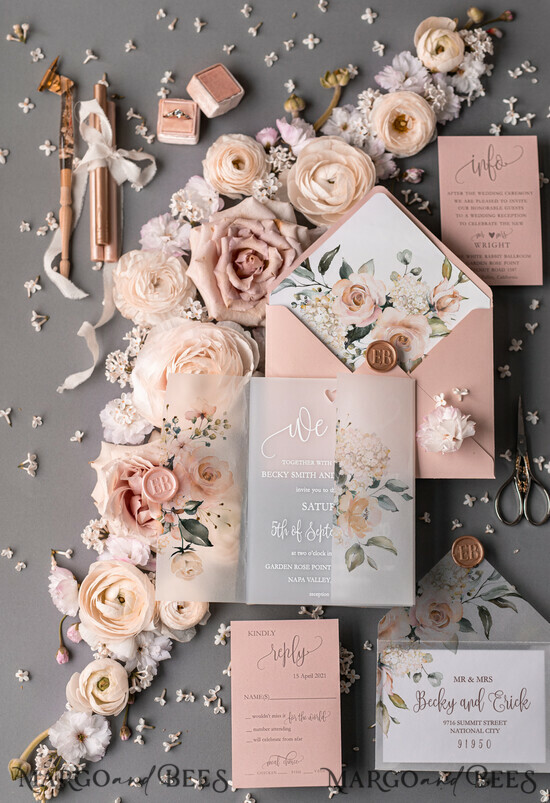 HOCHZEITS EINLADUNGEN Elegante Einladungen Klassische Karten Romantische Blush-Pink-Hochzeitseinladungen, luxuriöse gefrorene Acryl-Plexi-Hochzeitseinladungen, elegante florale Hochzeitseinladungen, handgefertigte Vellum-Hochzeitseinladungssuite. 01/ACGNCM/z