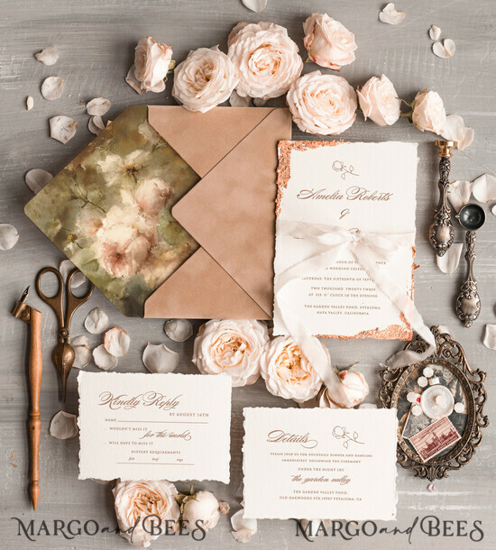 HOCHZEITS EINLADUNGEN Elegante Einladungen Klassische Karten Personalisierte Hochzeitskarten Samt Beige Umschlag, Elegante Hochzeitskarten, Fine Art Hochzeitskarten Suite, Hochzeitseinladungen mit goldenem, gezacktem Randpapier 02/velrose/z