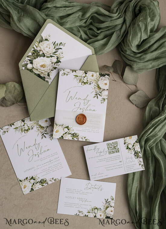 HOCHZEITS EINLADUNGEN Elegante Einladungen Klassische Karten Vintage Salbeigrüne Hochzeitskarten, Elegante Grünpflanzen Hochzeitseinladungen, Maßgeschneiderte Vellum Hochzeits Einladung Suite, Minimalistische grüne Hochzeitskarten 01/trsg/z