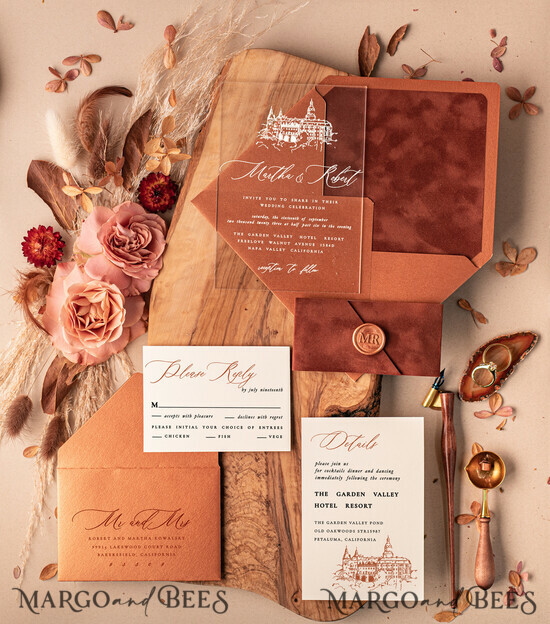 HOCHZEITS EINLADUNGEN Elegante Einladungen Klassische Karten Luxus Acryl Hochzeitskarten UK, Elegantes Samt Hochzeitskarten Set • Terrakotta Samt Hochzeitskarten • Samt Hochzeitsstationery 03/ACGNvelLAK/z