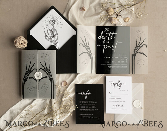 HOCHZEITS EINLADUNGEN Elegante Einladungen Klassische Karten Schwarzes Halloween-Hochzeitseinladungsset, glänzende schwarze Acryl-Einladungen, Goth-Hochzeitspapeterie, Skelettliebespaare schwarze Plexi-Hochzeitseinladungen Set 05/blackpl/z