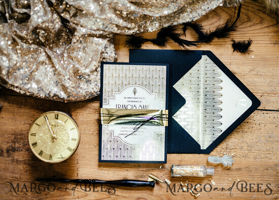 HOCHZEITS EINLADUNGEN Gold / Roségold / Silber / Glitzer Luxus Goldene Glanz Hochzeitseinladungen, Glamour Goldfolien Hochzeitseinladungen, Elegante Königsblau Hochzeitseinladungen, Maßgeschneiderte Great Gatsby Hochzeitseinladungsset 01/GNr/z