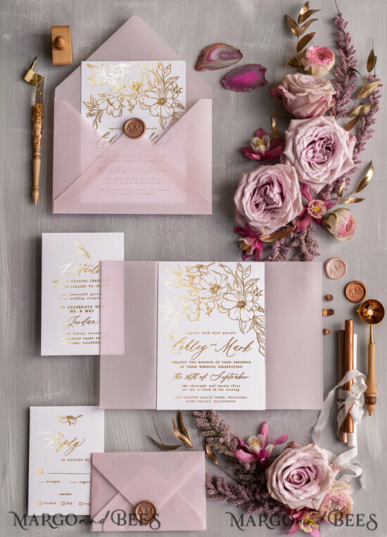 HOCHZEITS EINLADUNGEN Gold / Roségold / Silber / Glitzer Maßgeschneiderte minimalistische Hochzeitseinladungsreihe, romantische Blush-Pink-Hochzeitskarten, glamouröse Goldfolien-Hochzeitseinladungen, luxuriöse Hochzeitsstationery. 01/kalwlam/z