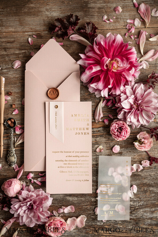 HOCHZEITS EINLADUNGEN Gold / Roségold / Silber / Glitzer Glamour Goldfolien-Hochzeitseinladungen, elegante blassrosa geometrische Hochzeitseinladungen, maßgeschneiderte Einladungskarten aus weißem Pergament, luxuriöses goldenes Hochzeitseinladungspaket. 3/goldz/z