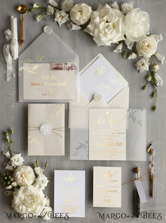HOCHZEITS EINLADUNGEN Gold / Roségold / Silber / Glitzer Glamour Champagner Schimmer Hochzeitseinladungen, elegante Elfenbein Hochzeitseinladungen, maßgeschneiderte weiße Pergament Hochzeitseinladungs-Suite, goldener Glanz Hochzeitseinladungen. 5/frameG/z