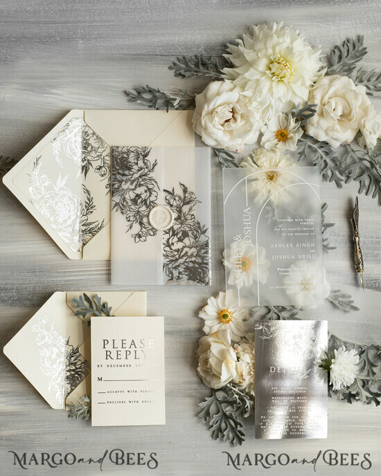 HOCHZEITS EINLADUNGEN Gold / Roségold / Silber / Glitzer Acryl Hochzeitsinvitation Set, Boho Glam Hochzeitskarten, silberne gefrorene Hochzeitseinladungen, elegante Pergament Hochzeitskarten 01/PXGold/z