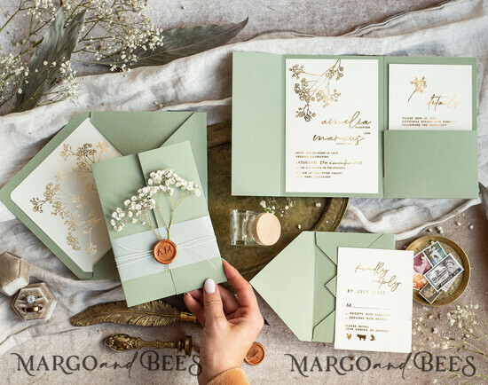 HOCHZEITS EINLADUNGEN Gold / Roségold / Silber / Glitzer Elegantes Einladungset zur goldenen Hochzeit, Einladungskarte zur Hochzeit mit natürlichen Schleierkrautblumen, Minimalistisches goldenes Hochzeitsset, Grünes Einladungset mit Tasche 01/rusGgold/z