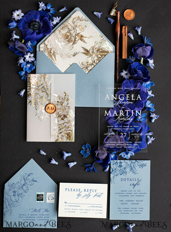 HOCHZEITS EINLADUNGEN Gold / Roségold / Silber / Glitzer Acryl-Hochzeitseinladungen, Glamour Eiskalte Blaue und Gold Hochzeitseinladungen, Goldene Wachssiegel Hochzeitseinladung Suite, Luxuriöse Hochzeitskarten Hellblau 05/akrylKALlak/z