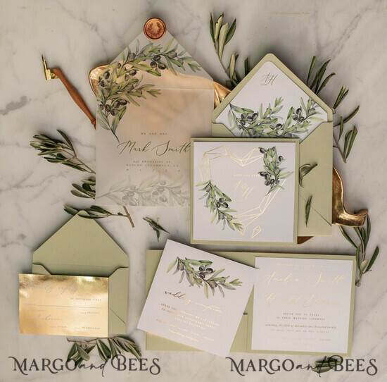 HOCHZEITS EINLADUNGEN Gold / Roségold / Silber / Glitzer Elegante Olivenhochzeitskarten, luxuriöse salbeigrüne Hochzeitseinladungen, glamouröse goldene Pocketfold-Hochzeitskarten, maßgeschneiderte Toskana-Hochzeitsinvitation-Suite. 02/heartG/z