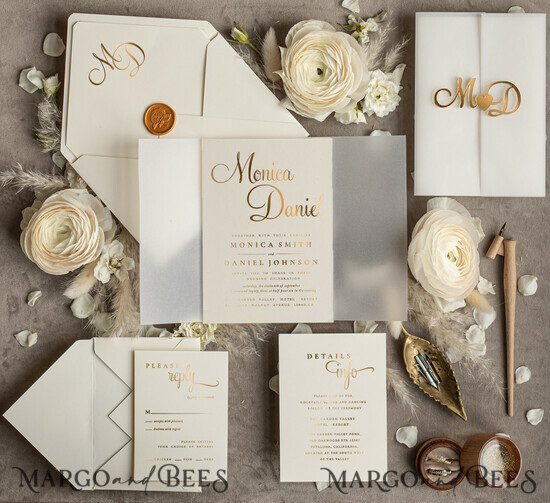HOCHZEITS EINLADUNGEN Gold / Roségold / Silber / Glitzer Hochzeitseinladungen handgemacht, goldener Spiegel Acryl Initialen Hochzeitseinladungen, Golden Shine Hochzeitseinladungsset 01/goldtagAC/z