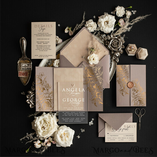 HOCHZEITS EINLADUNGEN Gold / Roségold / Silber / Glitzer Luxus Goldener Glanz Hochzeitskarten, Romantische Cappuccino Hochzeitskarten, Glamouröse Samt Hochzeitseinladungen, Moderne Goldfolien Hochzeitsstationery 01/velakryllak/z