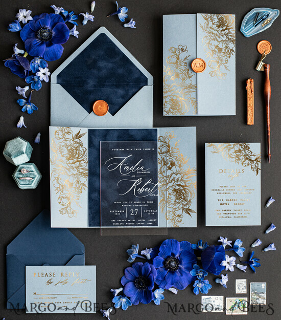 HOCHZEITS EINLADUNGEN Gold / Roségold / Silber / Glitzer Maßgeschneiderte Acryl-Eisblaue Hochzeitseinladung, Glamour-Velours-Himmelblaue Hochzeitseinladungen, Goldschimmer Plexi Hochzeitseinladungsset, Luxus-Hochzeitskarten mit Wachssiegel in Kupfer. 12/velakryllak/z