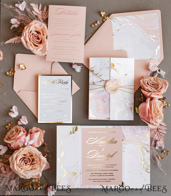 HOCHZEITS EINLADUNGEN Gold / Roségold / Silber / Glitzer Personalisierte Marmor-Hochzeitseinladungen, Luxuriöse Goldfolien-Hochzeitseinladungen, Blush Pink Marmor Glamour Hochzeitseinladung Suite, Luxuriöse Hochzeitseinladungen in Blush Pink Marmor 02/goldmar/z