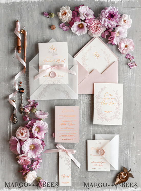 HOCHZEITS EINLADUNGEN Gold / Roségold / Silber / Glitzer Minimalistische blush-rosa Hochzeitskarten, glamouröse goldene Folien-Hochzeitskarten, luxuriöse goldene Hochzeitskarten mit Glanz, romantisches florales Hochzeitsladungset. 4/goldletter/z