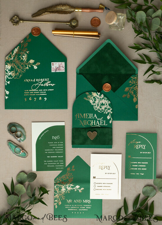 HOCHZEITS EINLADUNGEN Gold / Roségold / Silber / Glitzer Arch Gold Greenery Hochzeits-Einladungssuite, Grüne Hochzeitskarten, Glamour Hochzeitskarten, Grünpflanzen Hochzeitsset 02/velGgreen/z