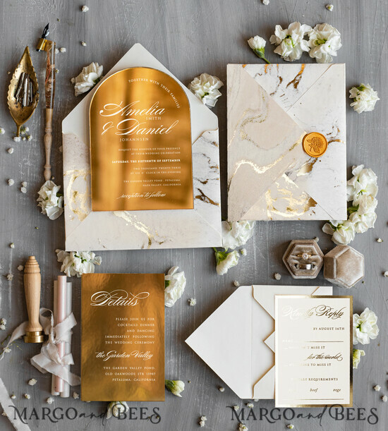 HOCHZEITS EINLADUNGEN Gold / Roségold / Silber / Glitzer Arch Gold Acryl Hochzeitseinladung, Luxus gold marmorierte Hochzeitseinladungen, Glamour Elfenbein Hochzeitseinladung Suite 02/mararchg/z