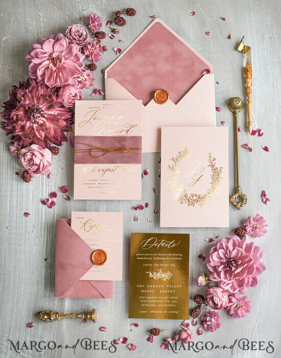 HOCHZEITS EINLADUNGEN Gold / Roségold / Silber / Glitzer Glamour Gold Folien Hochzeitskarten, Luxus Samt Hochzeitseinladungen, Romantische Blush Pink Hochzeitsinvitation Suite, Maßgeschneiderte Hochzeitsstationery 01/opvelgold/z