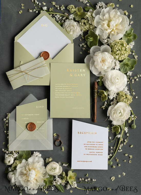 HOCHZEITS EINLADUNGEN Gold / Roségold / Silber / Glitzer Luxus Goldfolien Hochzeitskarten, elegante Salbeigrüne Hochzeitskarten, glamouröse goldene Hochzeits Einladung Suite, geometrische Hochzeitskarten. 1/goldz/z