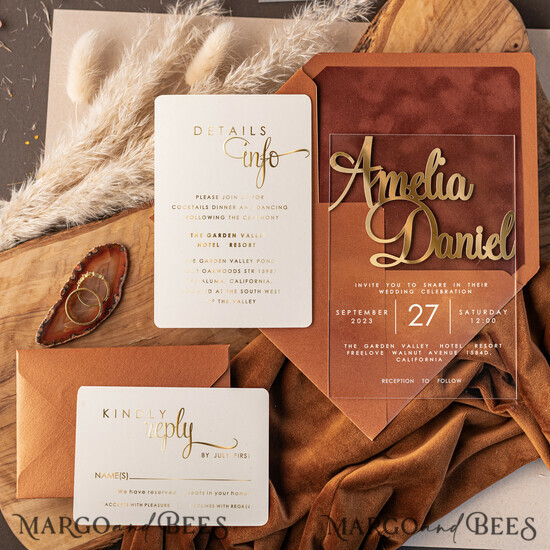 HOCHZEITS EINLADUNGEN Gold / Roségold / Silber / Glitzer Maßgeschneiderte Terrakotta-Hochzeitseinladungen, Glamour-Acryl-Hochzeitseinladungen, Goldenes Samt-Hochzeitseinladungset, Luxus-Hochzeitskarten 02/velakrylgold/z