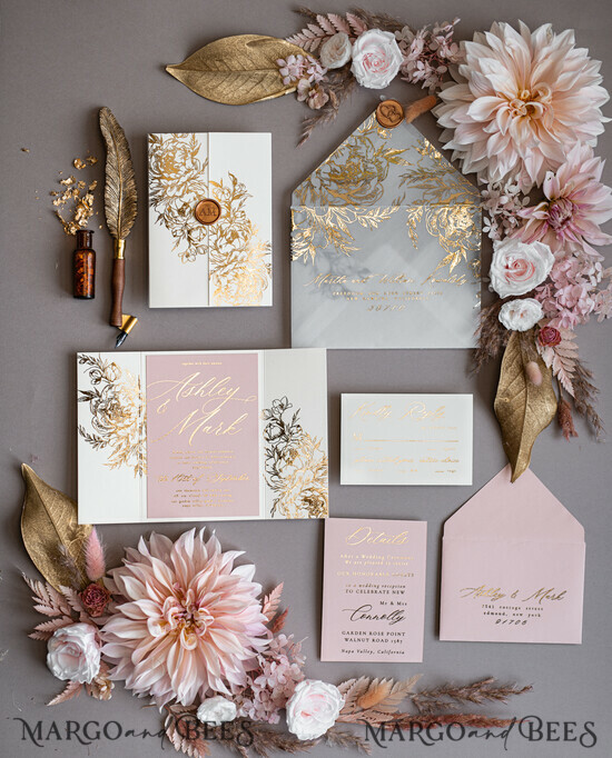 HOCHZEITS EINLADUNGEN Gold / Roségold / Silber / Glitzer Bohemian Blush Pink Hochzeitskarten, Glamour Gold Hochzeitskarten, Luxuriöses maßgeschneidertes Hochzeitsinvitation-Set, Elegante Pergament-Hochzeitskarten 01/goldrose/z