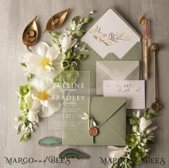 HOCHZEITS EINLADUNGEN Gold / Roségold / Silber / Glitzer Sage Green Acryl Hochzeitskarten Set, Luxus Gefrorene Acryl Hochzeitskarten • Glamour Gold Hochzeitskarten Set • Luxus Acryl Hochzeitskarten 03/akryllam/z