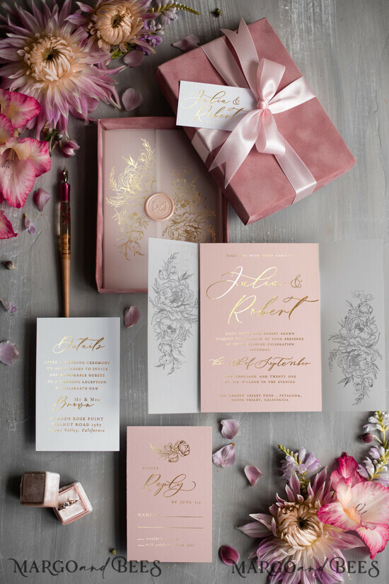 HOCHZEITS EINLADUNGEN Gold / Roségold / Silber / Glitzer Luxus Rosa Samt HochzeitsEinladungen, Glamour Samt Box HochzeitsEinladung Set, Glamour Goldene Glanz Hochzeitskarten, Elegante Blush Rosa HochzeitsEinladungen 01/velboxgold/z
