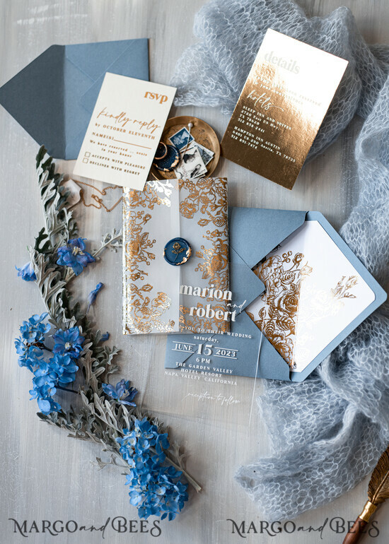 HOCHZEITS EINLADUNGEN Gold / Roségold / Silber / Glitzer Maßgeschneiderte Acryl-Eisblau-Hochzeitseinladung, Glamour staubige blaue Hochzeitseinladungen, moderne goldene Plexi-Hochzeitseinladung Suite, Boho Glam Hochzeitseinladungen mit Wachssiegel. 14/velakryllak/z