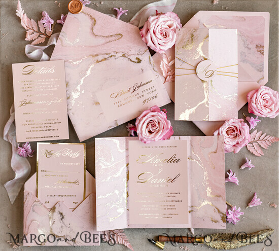 HOCHZEITS EINLADUNGEN Gold / Roségold / Silber / Glitzer Personalisierte Marmor-Hochzeitseinladungen, luxuriöses Goldfolie-Hochzeitseinladungsset, Blush Pink Marmor Glamour Hochzeitseinladung Suite, luxuriöse Hochzeitseinladungen Blush Pink Marmor 05/goldmar/z