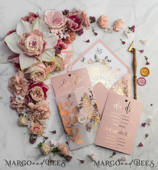 HOCHZEITS EINLADUNGEN Gold / Roségold / Silber / Glitzer Luxus Pergament Goldfolien Hochzeitskarten, elegante Blush-Pink Hochzeitskarten-Suite, Glamour Hochzeitskarten, goldenes Glanz Hochzeitskarten-Suite 02/goldkalw/z