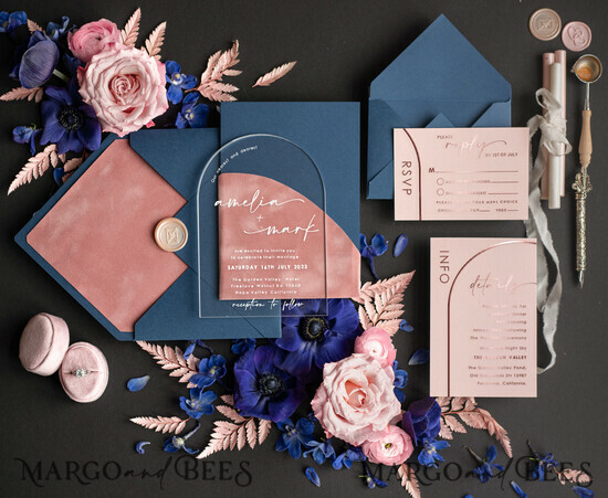 HOCHZEITS EINLADUNGEN Gold / Roségold / Silber / Glitzer Arch Gold Acryl Hochzeits Einladung Suite, Samt Pocket in Blush Pink und Navy Blue Hochzeits Einladungen, Glamour Hochzeits Einladungen 05/velakrylKSZ/z