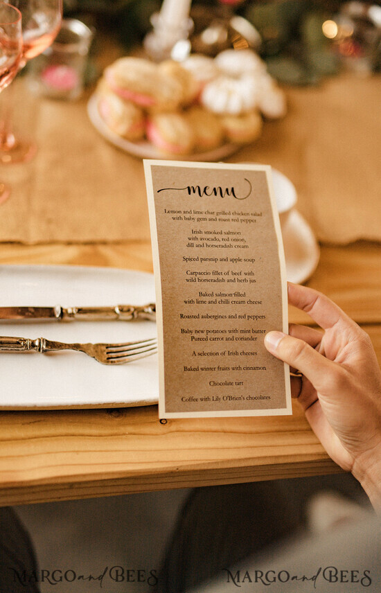 MENÜ & PROGRAMME  
 rustikal Rustikales Hochzeitsmenü, Scheunenhochzeitsdinner-Menü, Öko-romantische personalisierte Karten, Kraft-Hochzeitsmenü, einfaches rustikales Hochzeitsmenü, elegante braune Hochzeitsmenü-Karten 01/bohoF/m