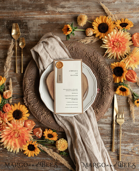 MENÜ & PROGRAMME  
 rustikal Rustikales Hochzeitsmenü mit Wachssiegel, Hochzeitsdinner-Menü für die Scheune, ökologisch romantische personalisierte Karten, Kraft-Hochzeitsmenü, einfaches rustikales Hochzeitsmenü, elegante Ecru-Hochzeitsmenü-Karten 01/rusl/m