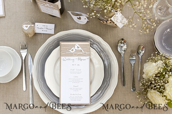 MENÜ & PROGRAMME  
 rustikal Rustikale Vögel Hochzeitsmenü, Außhochzeitsmenükarten, Romantisches Hochzeitsmenü, Scheunenhochzeitsdinner-Menü, Öko-romantische personalisierte Karten mit Vögeln, Kraft Hochzeit 43/rus/m