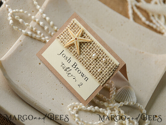 PLATZKARTEN / TISCHKARTEN  
 Strand-/Marin-/Destination Hochzeits Thema Elfenbein- und Braune Marine-Hochzeitsplatzkarte mit Seestern und natürlichem Jute, elegante maritimen Namensschilder für Ihre Hochzeitstische, zarte weiße Hochzeitsplatzkarten 03/be/w