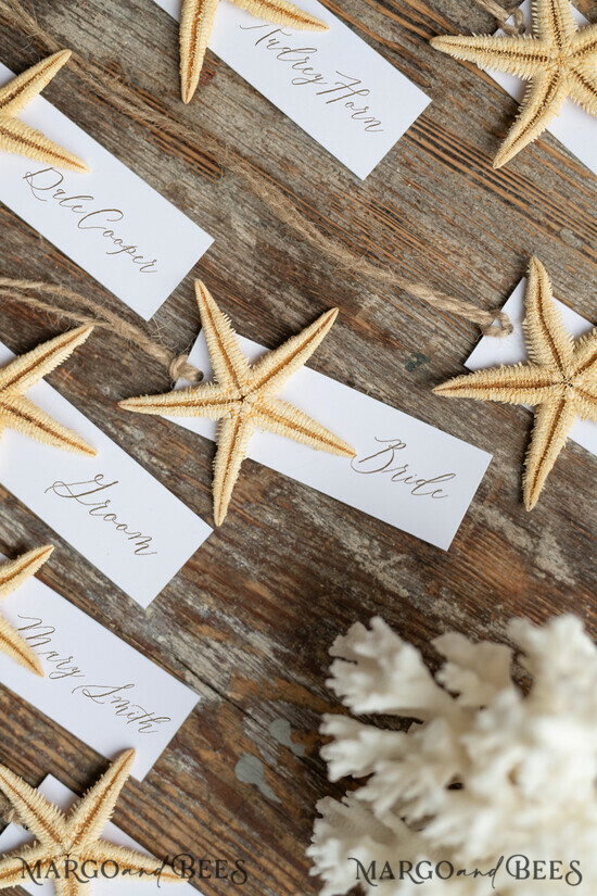 PLATZKARTEN / TISCHKARTEN  
 Strand-/Marin-/Destination Hochzeits Thema Elegante Marine-Hochzeitsplatzkarten mit einem Seestern und Jute-Schnur, minimalistische Namensschilder für Ihre Hochzeitstische, romantische Hochzeitsplatzschilder, bearbeitbarer Text 4/sea/w