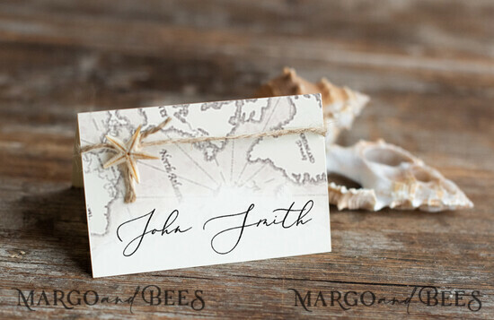 PLATZKARTEN / TISCHKARTEN  
 Strand-/Marin-/Destination Hochzeits Thema Elegante weiße marine Hochzeitstischkarten mit einer Schnur, Seestern und Karten-Grafik, marine Namensschilder für Ihre Hochzeitstische, romantische bearbeitbare Hochzeitstagskarten 21/sea/w