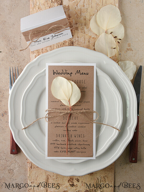 MENÜ & PROGRAMME  
 rustikal und Spitze Rustikales Hochzeitsmenü, Hochzeitsdinner-Menü in der Scheune, ökologische romantische personalisierte Karten mit Blatt und Schnur, Kraft-Hochzeitsmenü, einfaches handgemachtes rustikales Hochzeitsmenü 37/rus/M