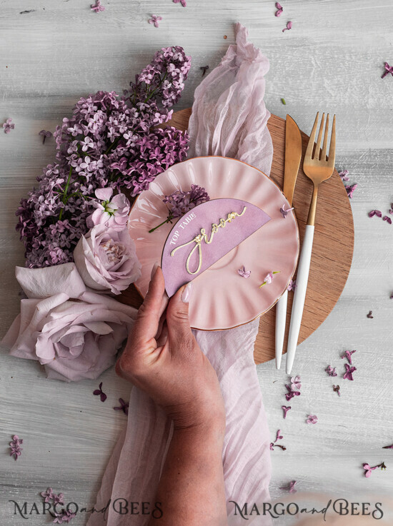 PLATZKARTEN / TISCHKARTEN  
 Acrylgold klar / Holz 3D Mauve Hochzeitsplatzkarten, Moderne Bogen Samt Gold Acryl Platzkarte ohne Ständer, Hochzeitsplatz gold Karten, Samt Spiegel gold Namenskarten, editierbarer Text, MvS 02/MvelN/wAr