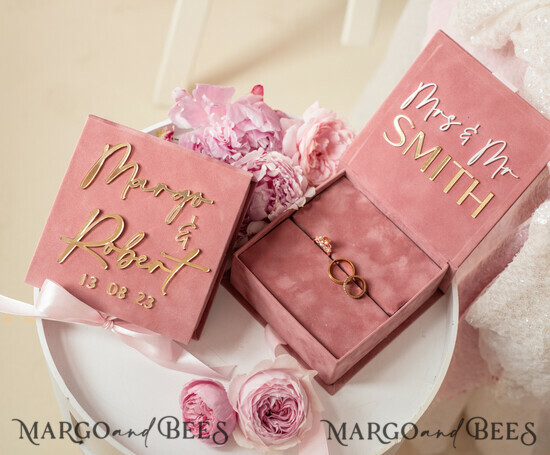 RINGTRÄGERBOXEN & KISSEN Samtkästchen für den Trauungszeremonie Rosa Goldenes Samt Hochzeitsringbox für die Zeremonie, Ringbox für die Hochzeitszeremonie 3 Ringe Samt, Boho Glam Hochzeitsringboxen für ihn und sie, Luxuriöse Samt Ringbox doppelte individuelle Farben 14/velGPx/Wrbox