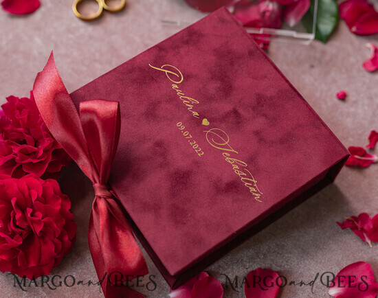RINGTRÄGERBOXEN & KISSEN Samtkästchen für den Trauungszeremonie Luxus Samt Acryl Trauring Box, Glamour Maroon und gold Trauring Box, Elegante Trauring Box Samt Burgunder Pink, Handgemachte Trauring Box 25/Velvet/box