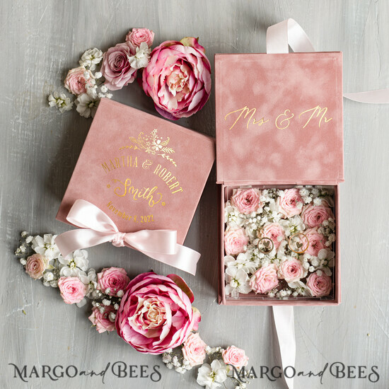 RINGTRÄGERBOXEN & KISSEN Samtkästchen für den Trauungszeremonie Luxuriöse Samt-Eheringe-Box, Glamour Blush Pink und Gold Eheringe-Box, Elegante Eheringe-Box aus Samt in Blush Pink, Handgemachte Eheringe-Box 02/Velvet/box